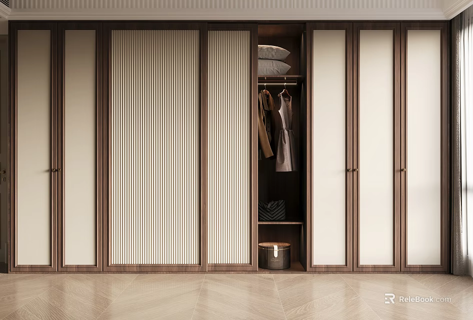 Modern Wardrobe Design With Sliding Doors Vertical Slats Wooden Frame And Hanging Clothes 3d model 