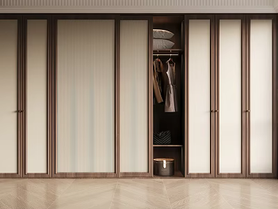 Modern Wardrobe Design With Sliding Doors Vertical Slats Wooden Frame And Hanging Clothes 3d model