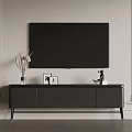 Modern Living Room TV Stand With Black TV Decorative Items And Molding Wall