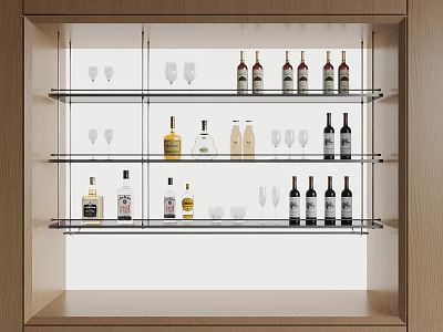 Modern Wooden Wine Rack With Glass Shelves Holding Red White Wine Bottles And Wine Glasses 3d model