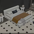 Modern Double Bed Upholstered Headboard Gray Comforter Brown Blanket Navy Pillow Black Square Pattern Rug