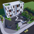 Modern Multistory Residential Building With White And Colorful Panels Greenery And Entrance Steps