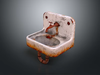 Vintage Rusted Chipped Enamel Wall Mounted Washbasin With Old Faucet Retro Design 3d model