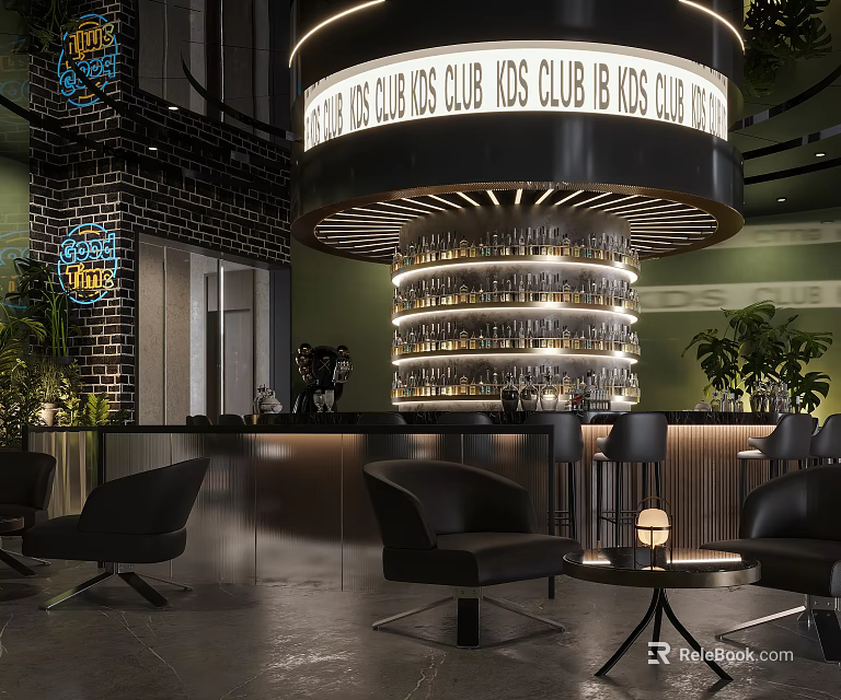 Chic Bar with Neon Sign Circular Counter Bottles Black Leather Seats Plants and Brick Wall 3d model 