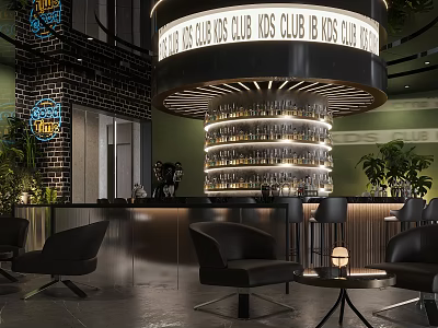 Chic Bar with Neon Sign Circular Counter Bottles Black Leather Seats Plants and Brick Wall 3d model