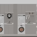 Modern Bathroom Cabinet Rack With White Cabinetry Washing Machine Dryer Sink And Shelves