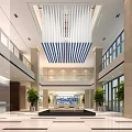Modern Office Lobby Reception Desk With Stylish Countertop And Decorative Chandelier