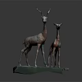Two Deer Metal Sculpture Carving Artwork With Blue Base Stand