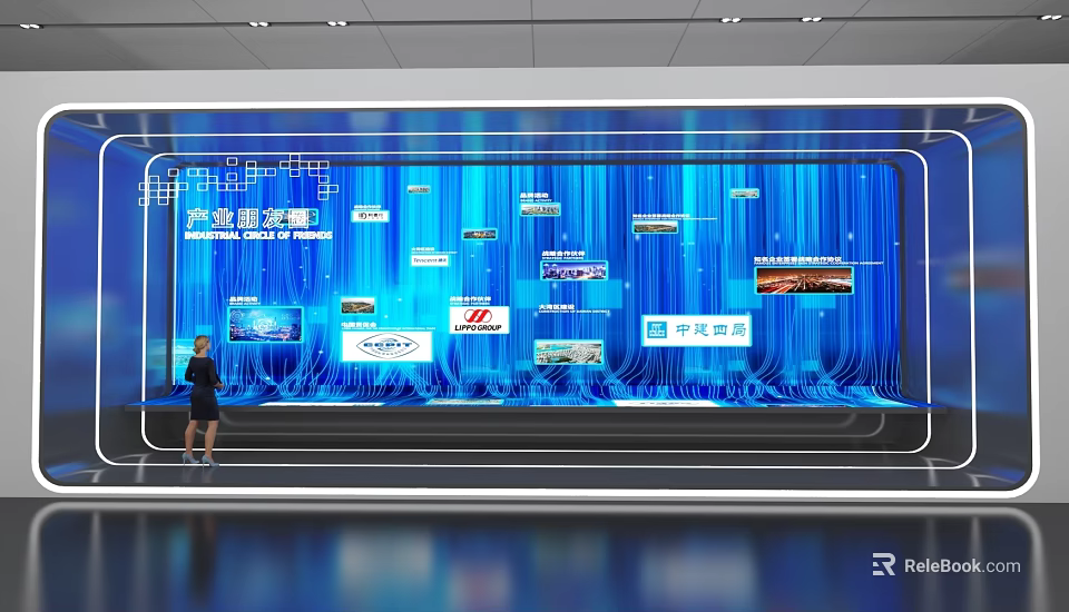 Large Digital Display Wall With Blue Background Showing Company Logos And Images With Person Standing 3d model 