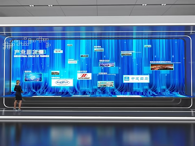 Large Digital Display Wall With Blue Background Showing Company Logos And Images With Person Standing 3d model