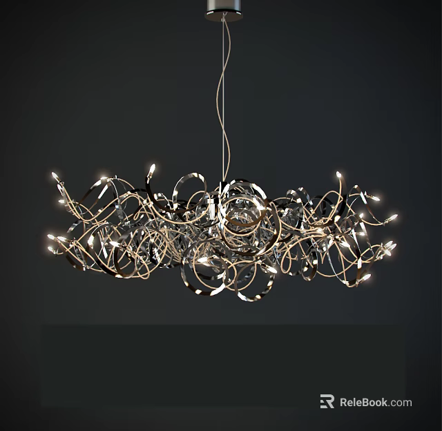 Modern Crystal Chandelier With Complex Curved Metal Structure And Illuminated Crystal Lights 3d model 