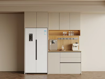 Modern Wine Cabinet In Open Kitchen With Wooden Shelves And Glass Door Design 3d model