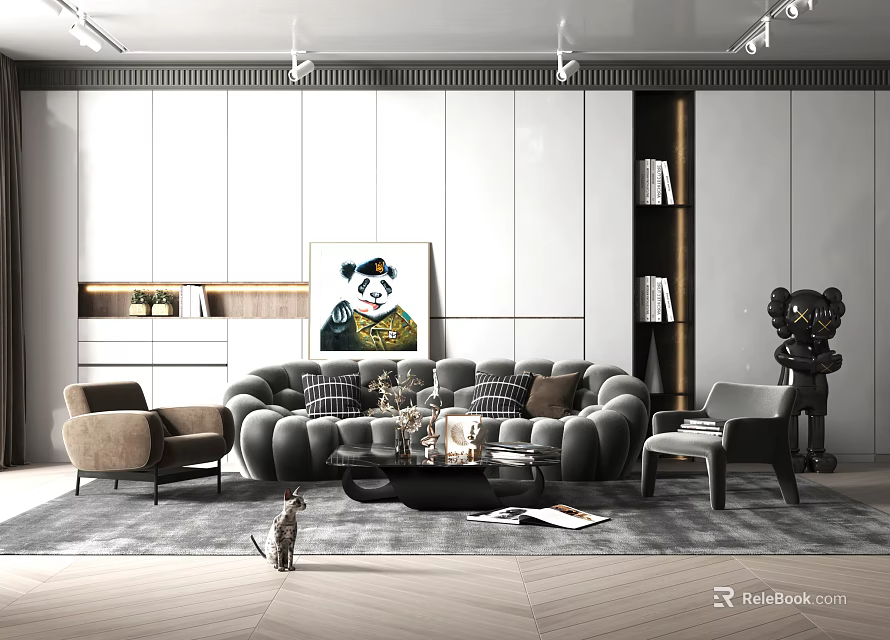 Elegant Modern Living Room Interior With Grey Sofa Armchair Artwork Bookshelf And Sculpture 3d model 