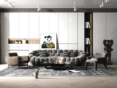 Elegant Modern Living Room Interior With Grey Sofa Armchair Artwork Bookshelf And Sculpture 3d model
