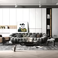 Elegant Modern Living Room Interior With Grey Sofa Armchair Artwork Bookshelf And Sculpture