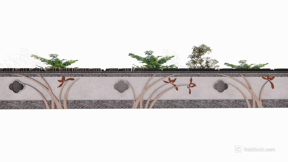 Traditional Building Exterior Wall Featuring Brick Texture Decorative Patterns And Greenery 3d model