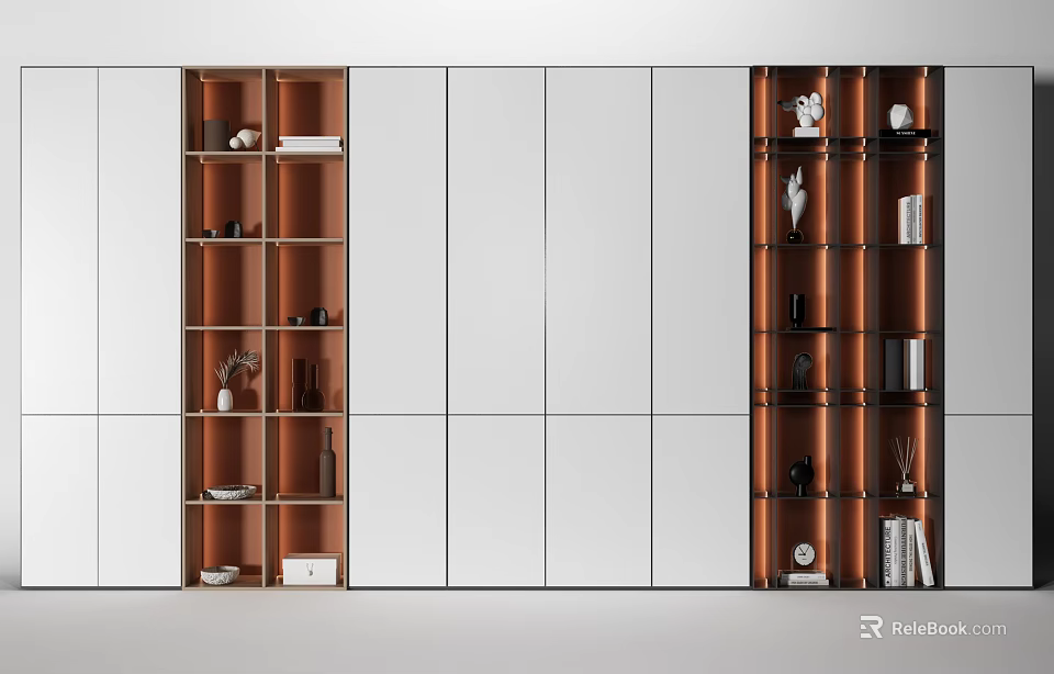 Modern Display Cabinet Featuring Dark Brown Open Shelves White Closed Doors And Decorative Vases Books 3d model 