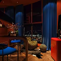 Hotel Guest Room Featuring Orange Walls Blue Curtains And City Night View Through Windows