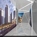 Modern Exhibition Hall Interior With High Rise Building Displays And Marble Floors