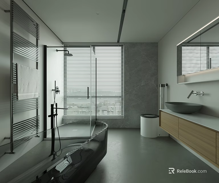 Modern Bathroom Interior With Gray Walls Bathtub Shower Wooden Vanity Round Mirror And White Toilet 3d model 