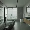 Modern Bathroom Interior With Gray Walls Bathtub Shower Wooden Vanity Round Mirror And White Toilet