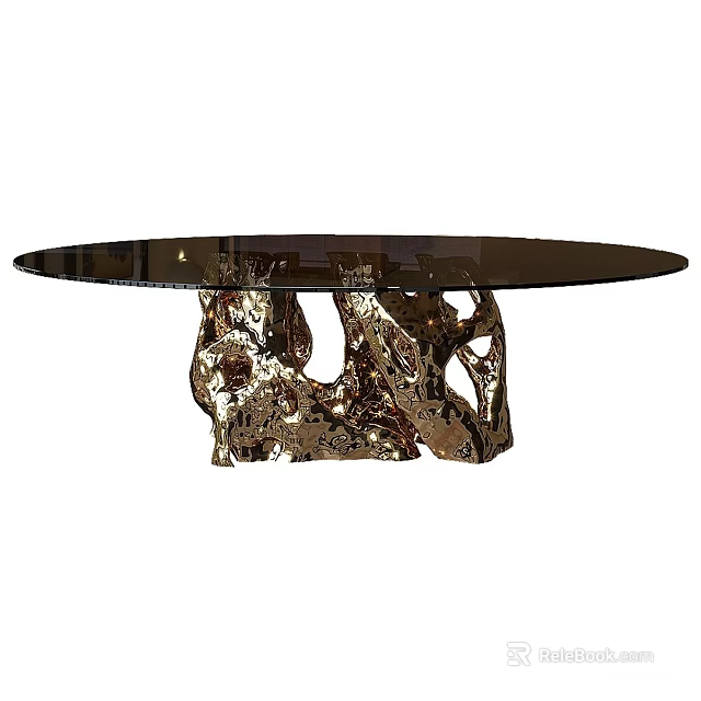 Modern Round Dining Table With Glass Top And Golden Irregular Base 3d model 