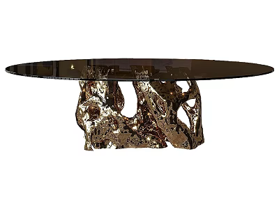 Modern Round Dining Table With Glass Top And Golden Irregular Base 3d model
