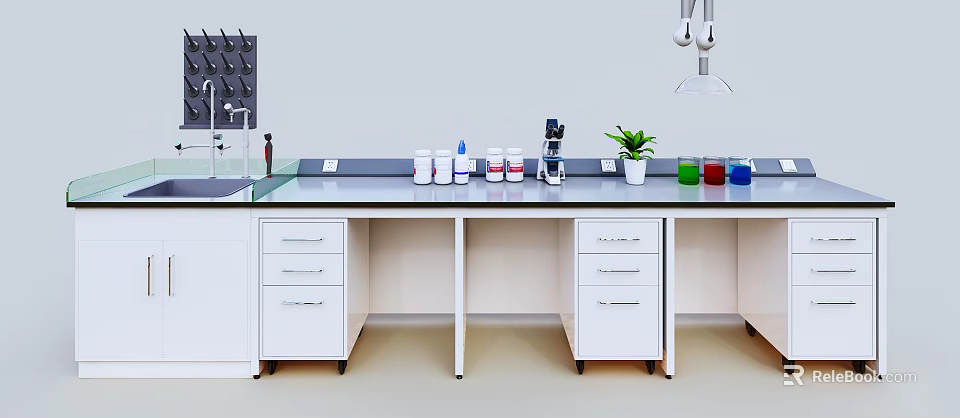 Laboratory Workbench Setup with White Cabinets Sink Bottles Green Plant and Hanging Lamp 3d model 
