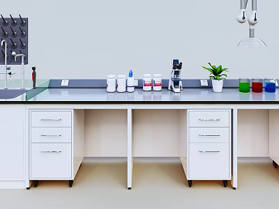 Laboratory Workbench Setup with White Cabinets Sink Bottles Green Plant and Hanging Lamp 3d model