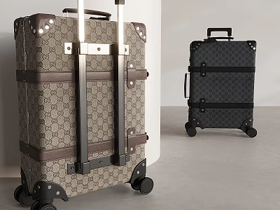 Classic Luggage Design With Brown Patterned And Black Suitcase Featuring Wheels And Straps 3d model