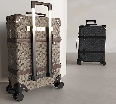 Classic Luggage Design With Brown Patterned And Black Suitcase Featuring Wheels And Straps 3d model