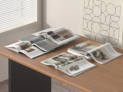 Open Books And Magazines On Wooden Table With Decorative Wall Pattern 3d model