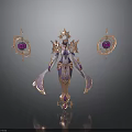 Gorgeous Female Character In Purple Gold Outfit With Flowing Robe And Gemstone Ornaments