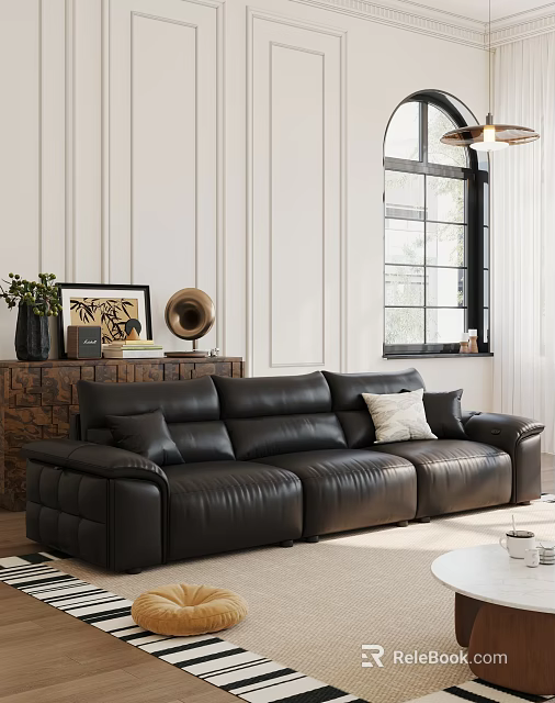 Black Leather Three Seater Sofa with Cushions in Living Room Wall Paneling and Window Curtains 3d model 