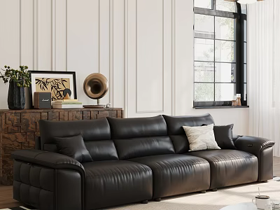 Black Leather Three Seater Sofa with Cushions in Living Room Wall Paneling and Window Curtains 3d model
