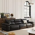 Black Leather Three Seater Sofa with Cushions in Living Room Wall Paneling and Window Curtains