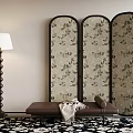 Elegant Room Setup With Floral Pattern Screen Bench Floor Lamp And Rug 3d model