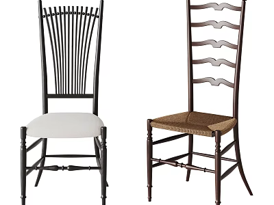Classic Dining Chairs With Vertical Slat Scalloped Backs White Upholstered Brown Woven Seats 3d model