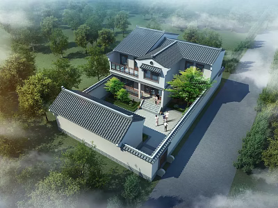 Traditional Chinese Ancient Architecture Courtyard With Tile Roof And Green Garden Surrounded By Trees 3d model