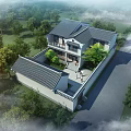 Traditional Chinese Ancient Architecture Courtyard With Tile Roof And Green Garden Surrounded By Trees
