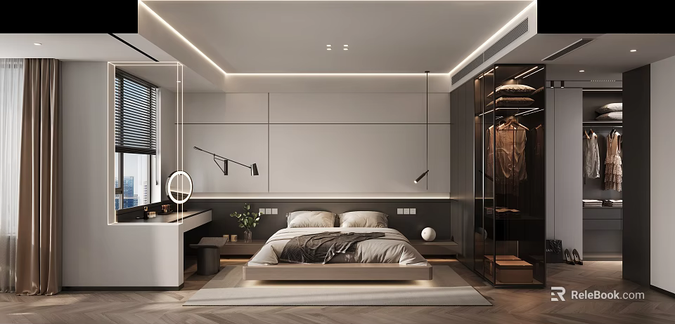 Modern Bedroom Interior Design With Glass Door Wardrobe Dressing Table And Recessed Lighting 3d model 