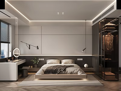 Modern Bedroom Interior Design With Glass Door Wardrobe Dressing Table And Recessed Lighting 3d model
