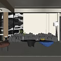 Modern Living Room Interior With Grey Modular Sofa Blue Coffee Table And Wall Art