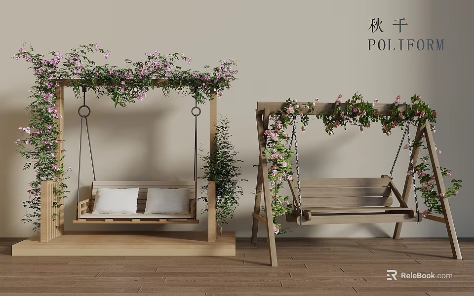 Stylish Wooden Indoor Swings Decorated With Purple Flowers And Green Vines 3d model 
