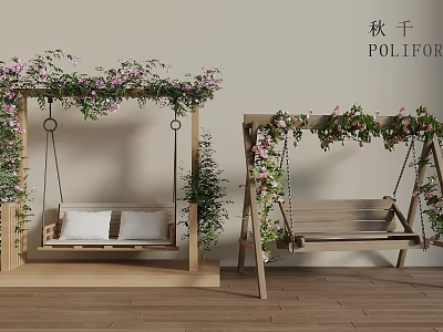 Stylish Wooden Indoor Swings Decorated With Purple Flowers And Green Vines 3d model