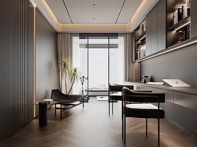 Modern Study Room Interior With Large Windows Wooden Flooring Bookshelves Desk Chairs And Potted Plant 3d model