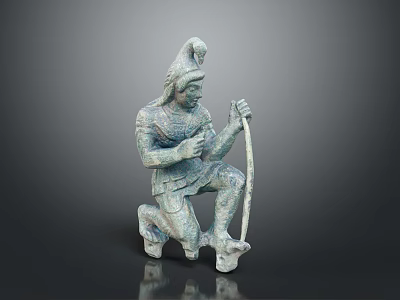 Ancient Bronze Man Statue Wearing Helmet Kneeling And Holding Bow 3d model