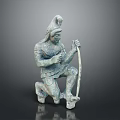 Ancient Bronze Man Statue Wearing Helmet Kneeling And Holding Bow
