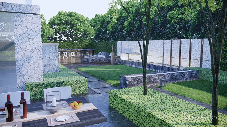 Tranquil Courtyard Garden with Green Lawn Stone Pathway and Outdoor Seating 3d model 