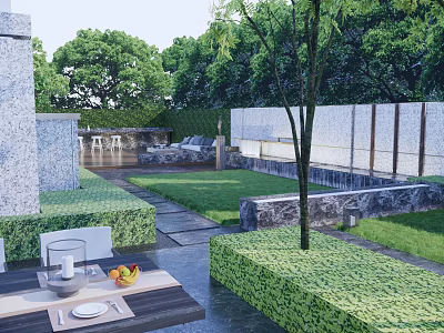 Tranquil Courtyard Garden with Green Lawn Stone Pathway and Outdoor Seating 3d model